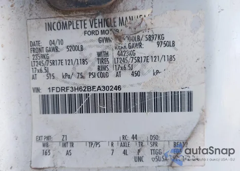 2011 Ford F-350 Chassis из США, поврежденный, VIN 1FDRF3H62BEA30246